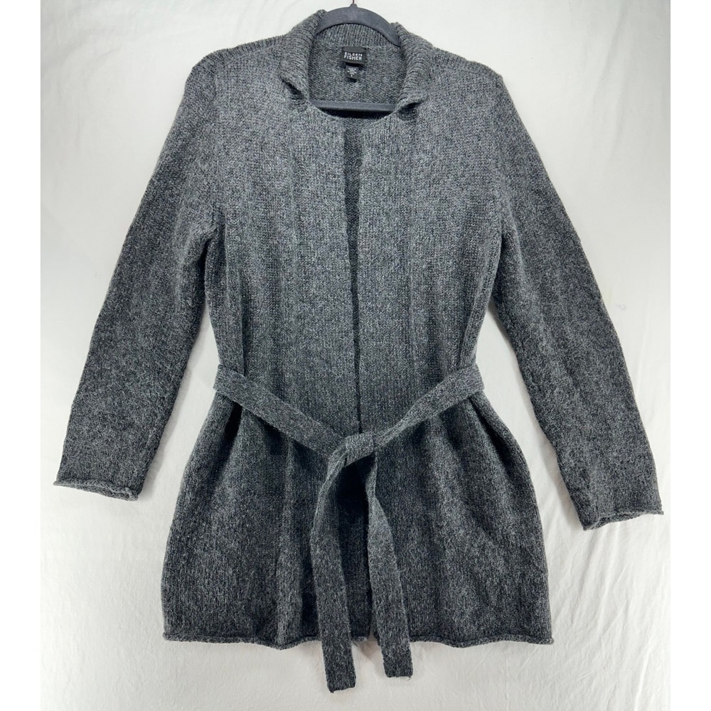 Eileen Fisher Mohair Wool Blend Belted Cardigan Sweater Gray Womens Small - Flaw